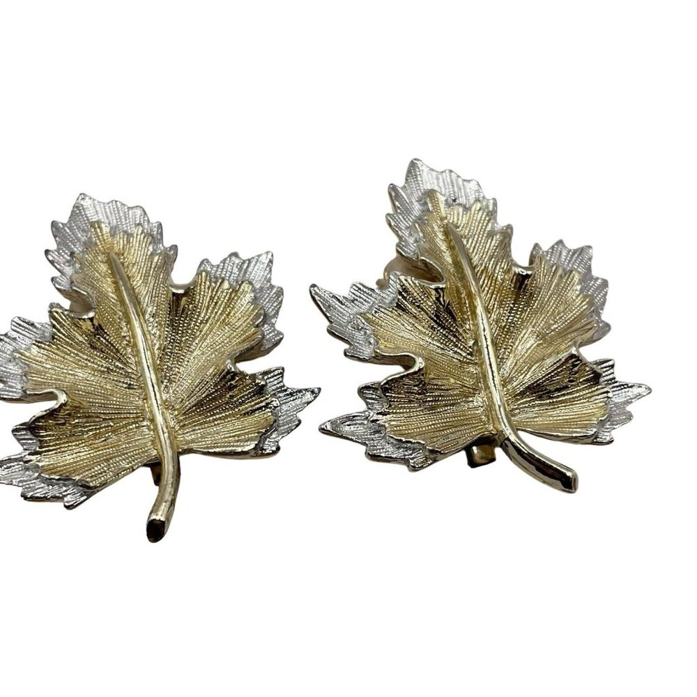 VTG Sarah Coventry Silver & Gold Tone Layered Maple Leaf Clip On Earrings Chunky - Picture 7 of 14